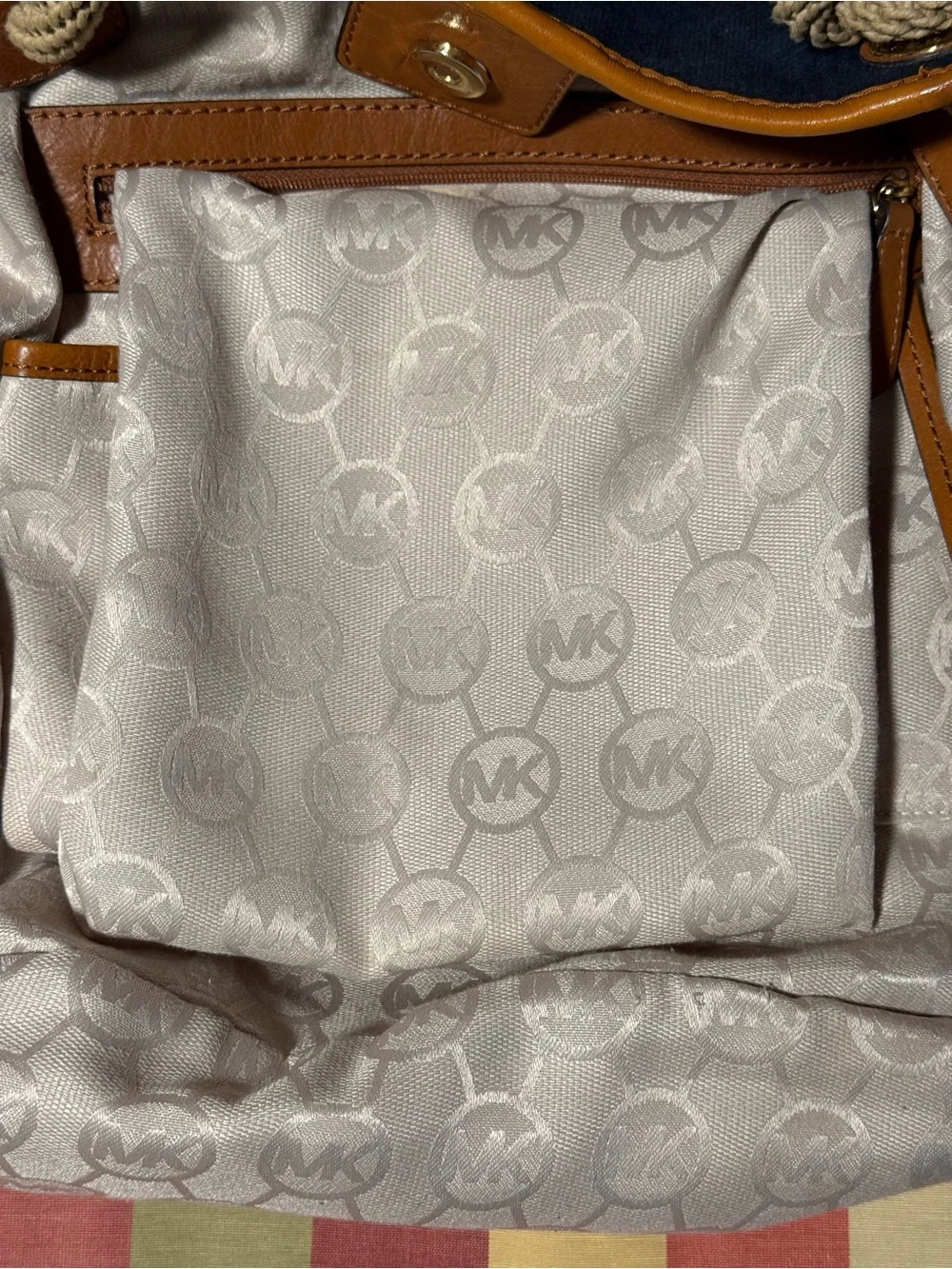 Michael Kors Navy Canvas Shoulder Bag with Tan Trim and Cream Rope Handles